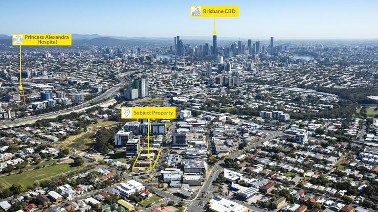 Annotated aerial view of the Stones Corner site with Princess Alexandra Hospital and the Brisbane CBD marked