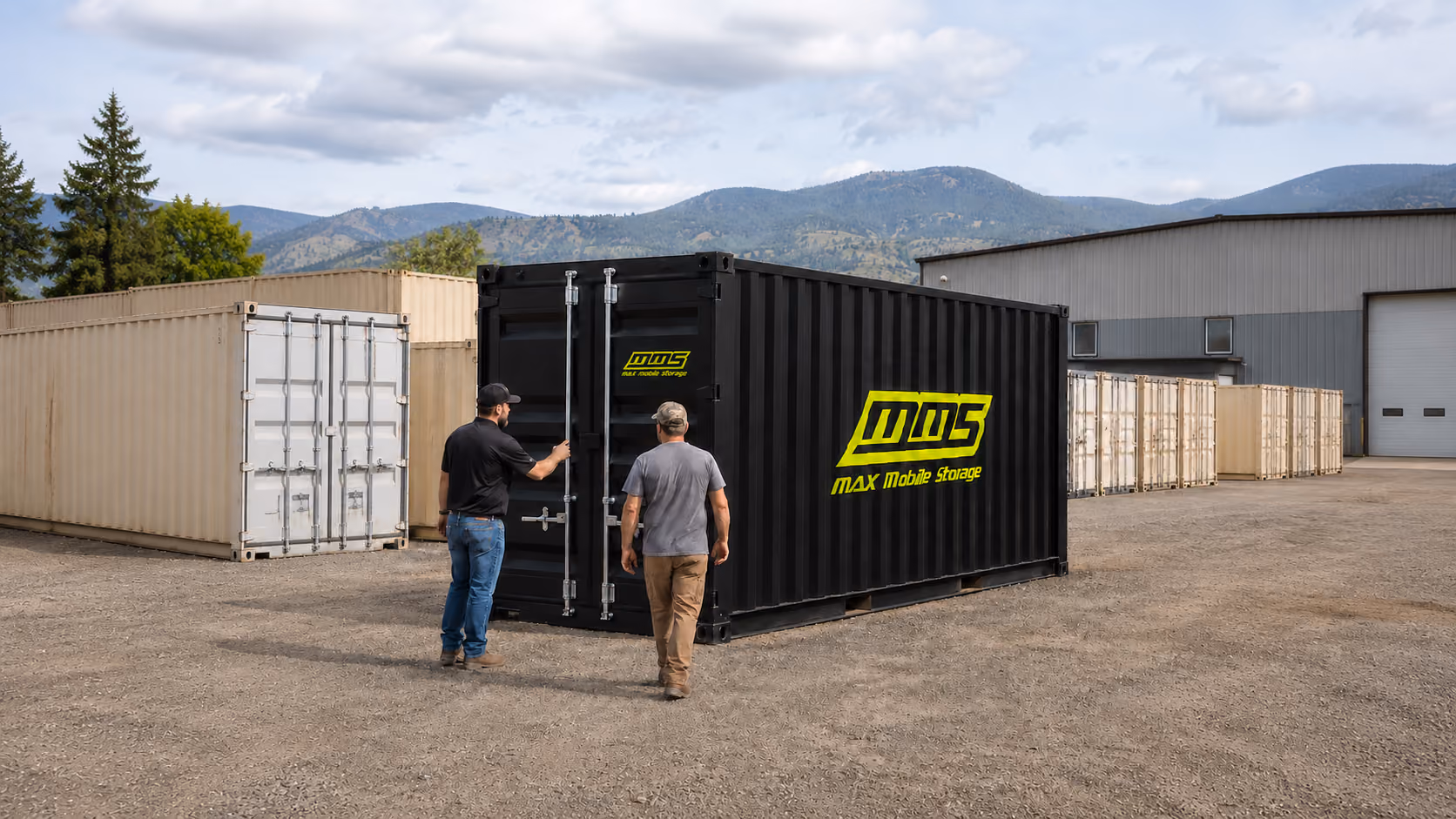 Two crew members positioning a container in a tight-access spot