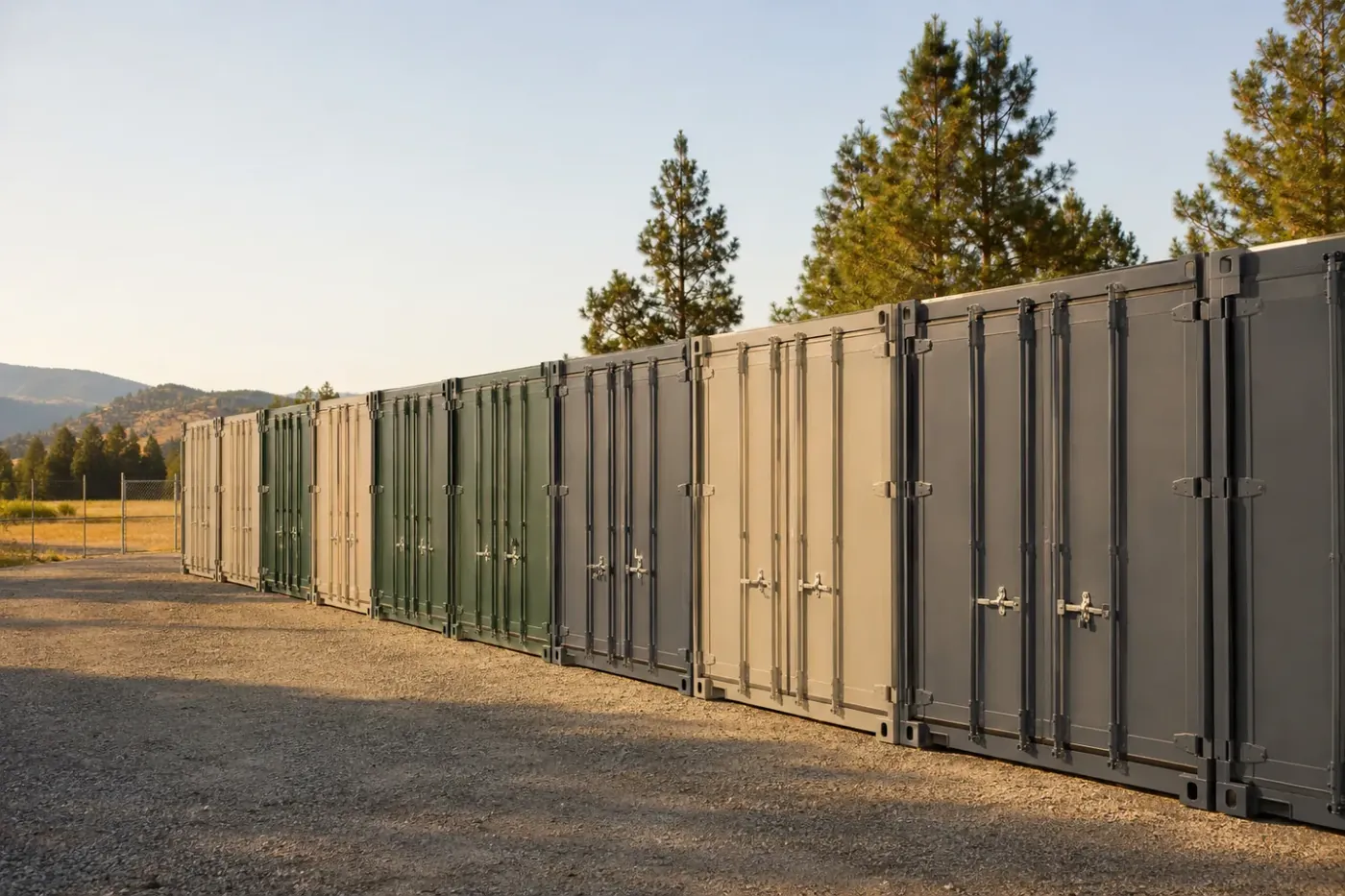 A long row of dark storage containers at the yard at dusk