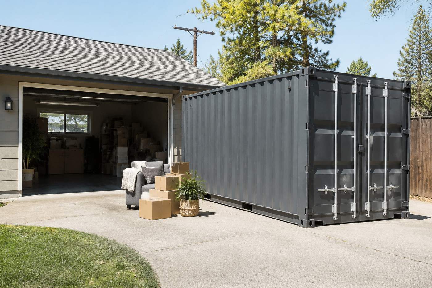 Container in a driveway beside an open garage with boxes and furniture staged