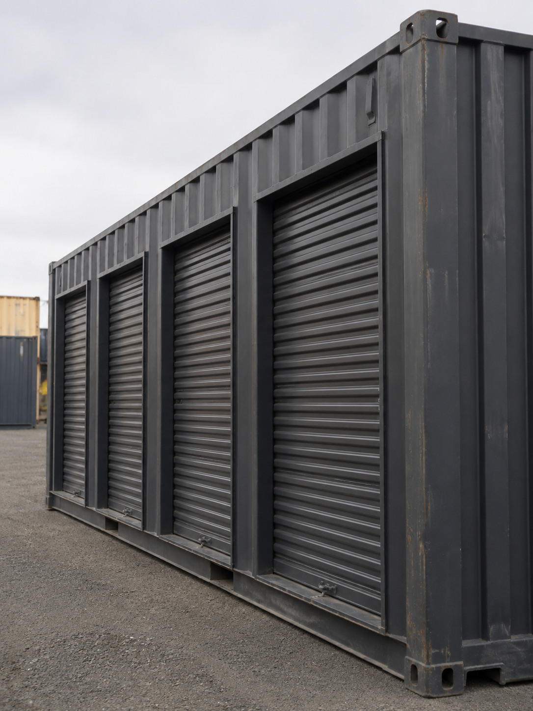 Dark grey container fitted with a row of four roll-up doors