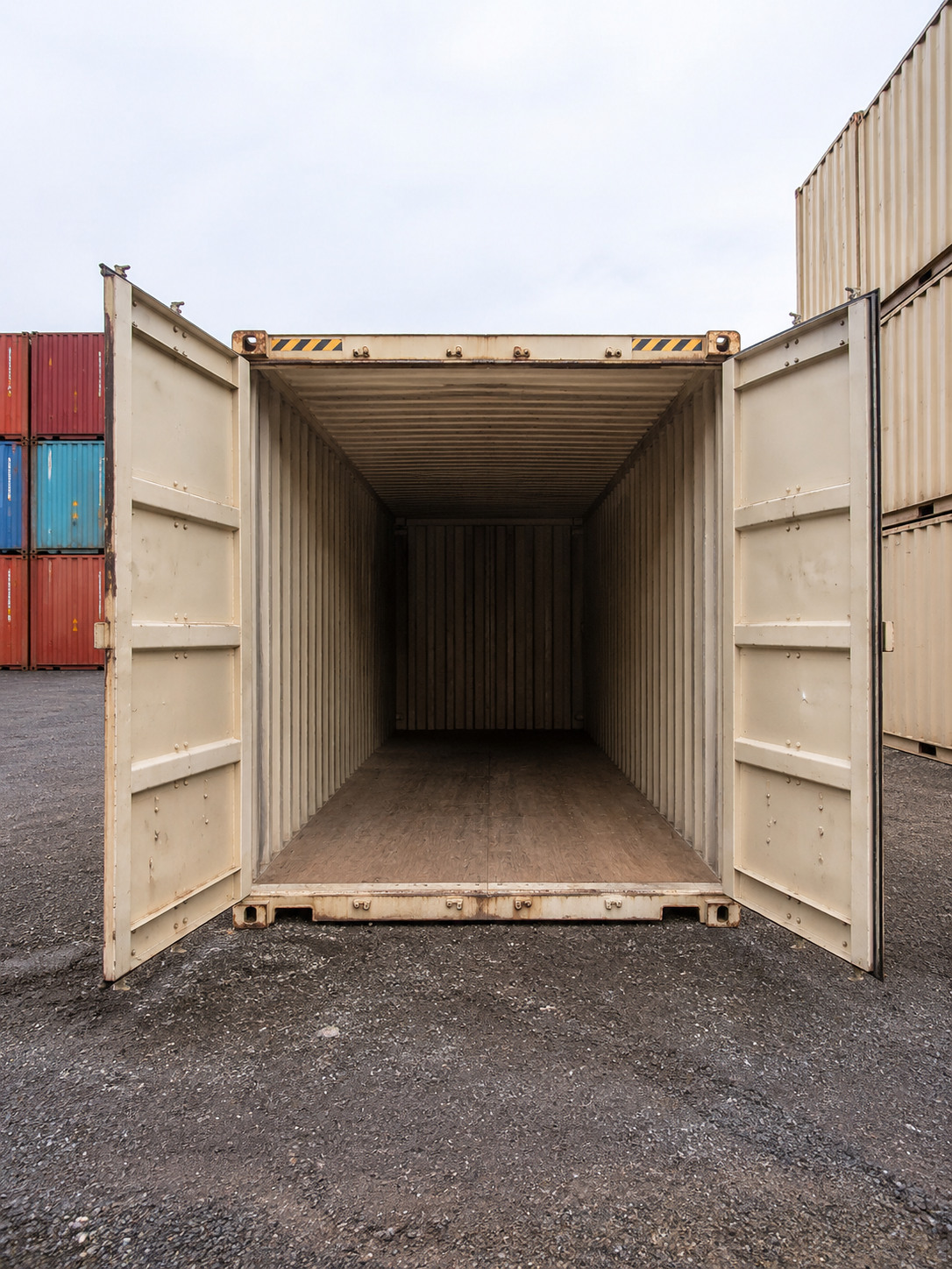 Container with a second set of cargo doors swung open