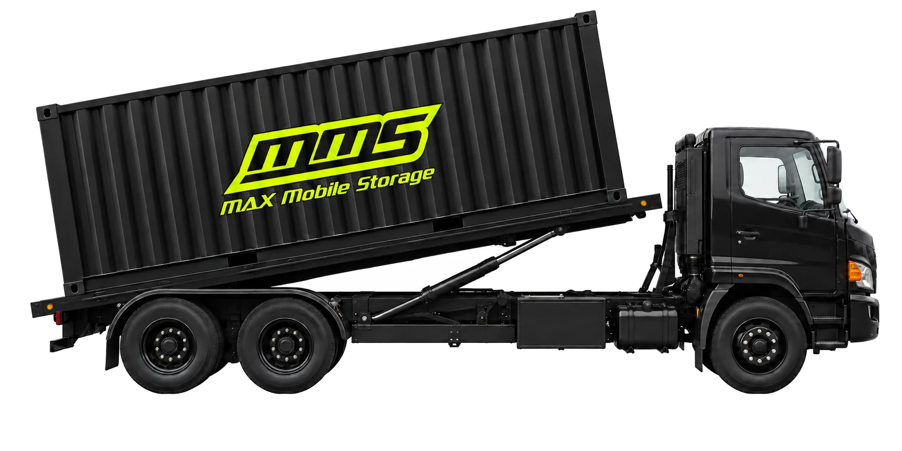 Side view of a tilt-bed truck lowering a 20 foot container to the ground