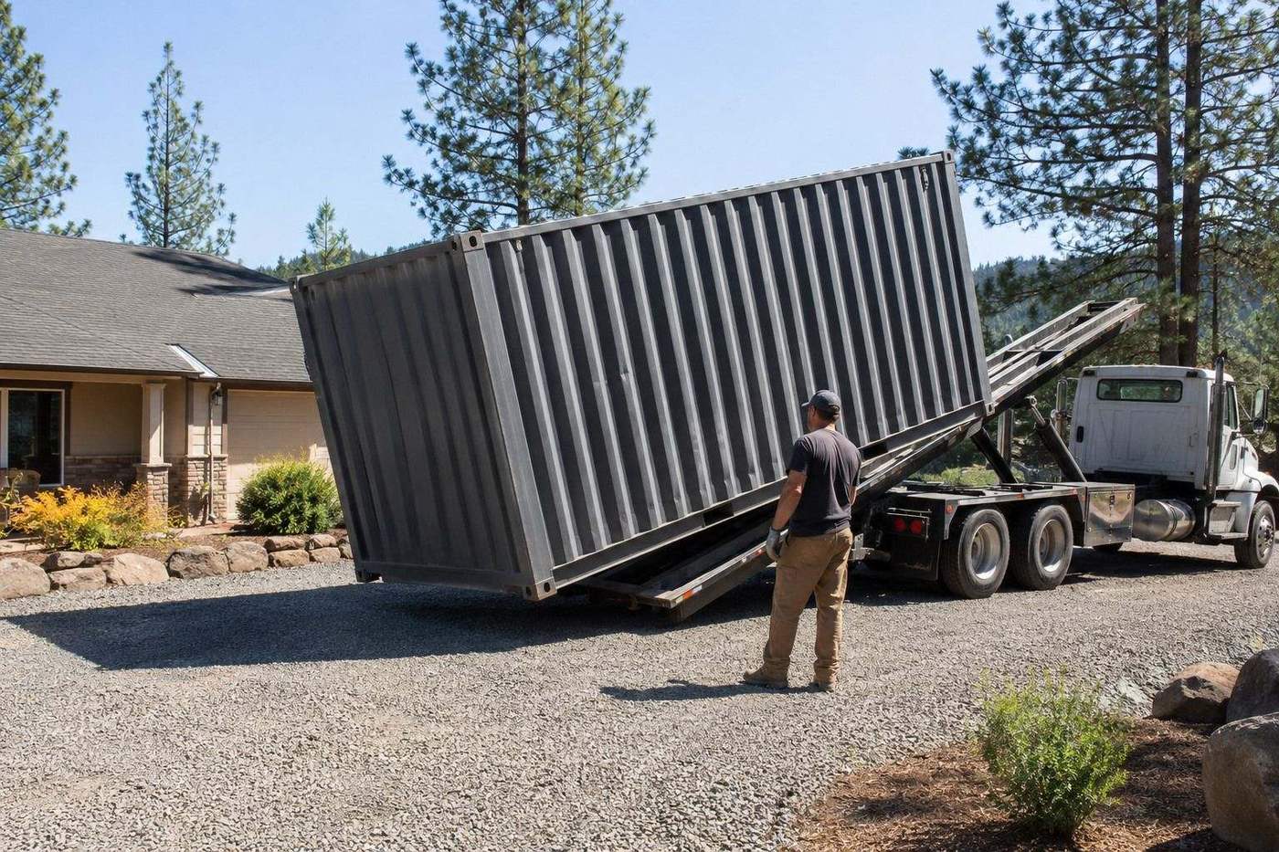 Tilt bed truck setting a storage container in a residential driveway