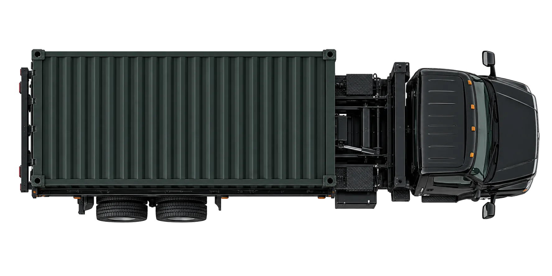 Top view of a tilt-bed truck showing the driving width needed for a 20 foot container