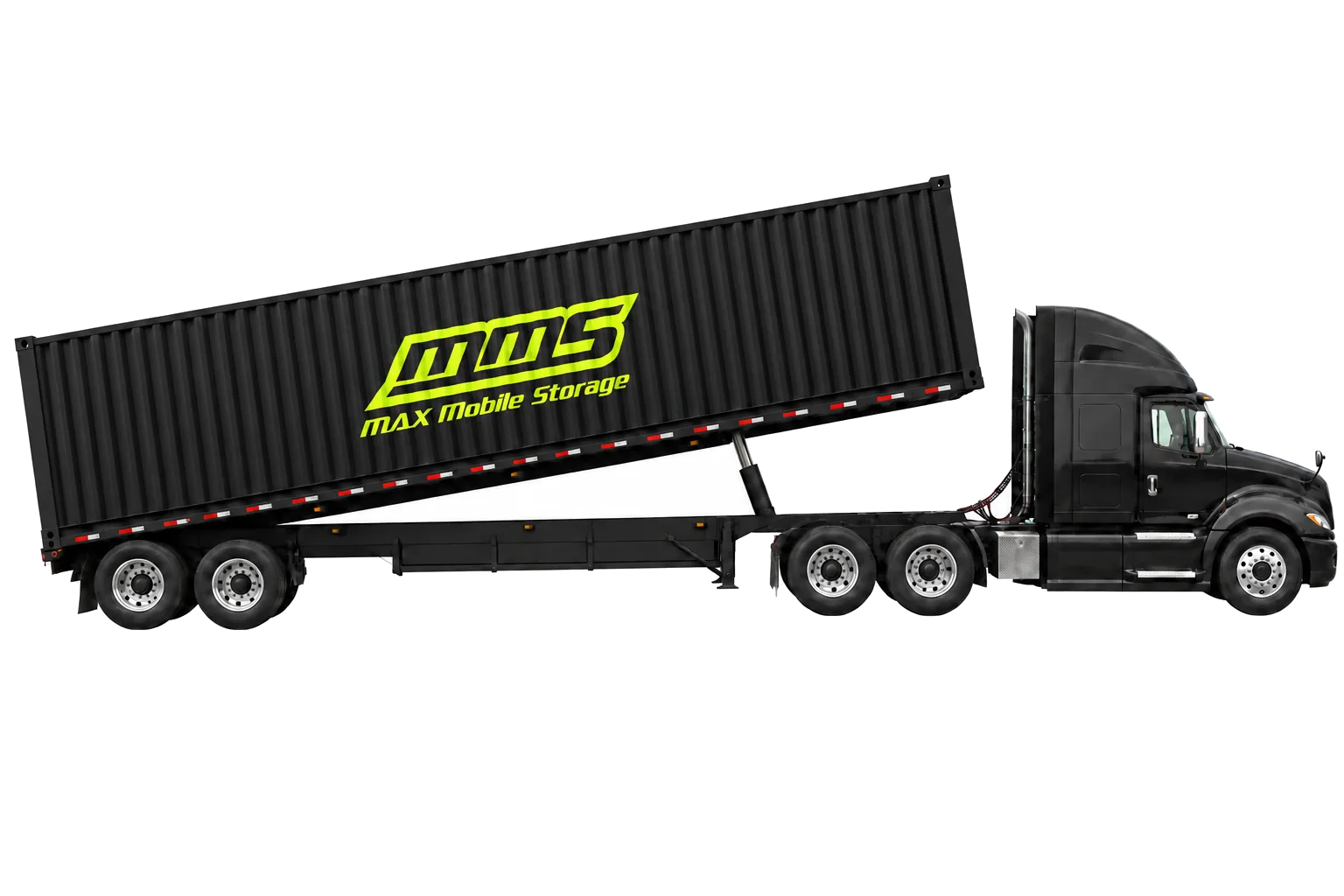 Side view of a tractor trailer tilting a 40 foot container to the ground