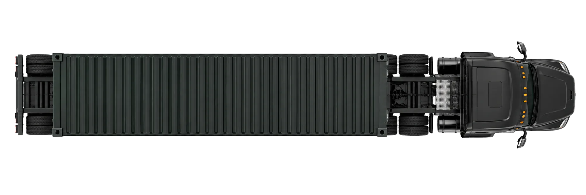Top view of a tractor trailer showing the driving width needed for a 40 foot container
