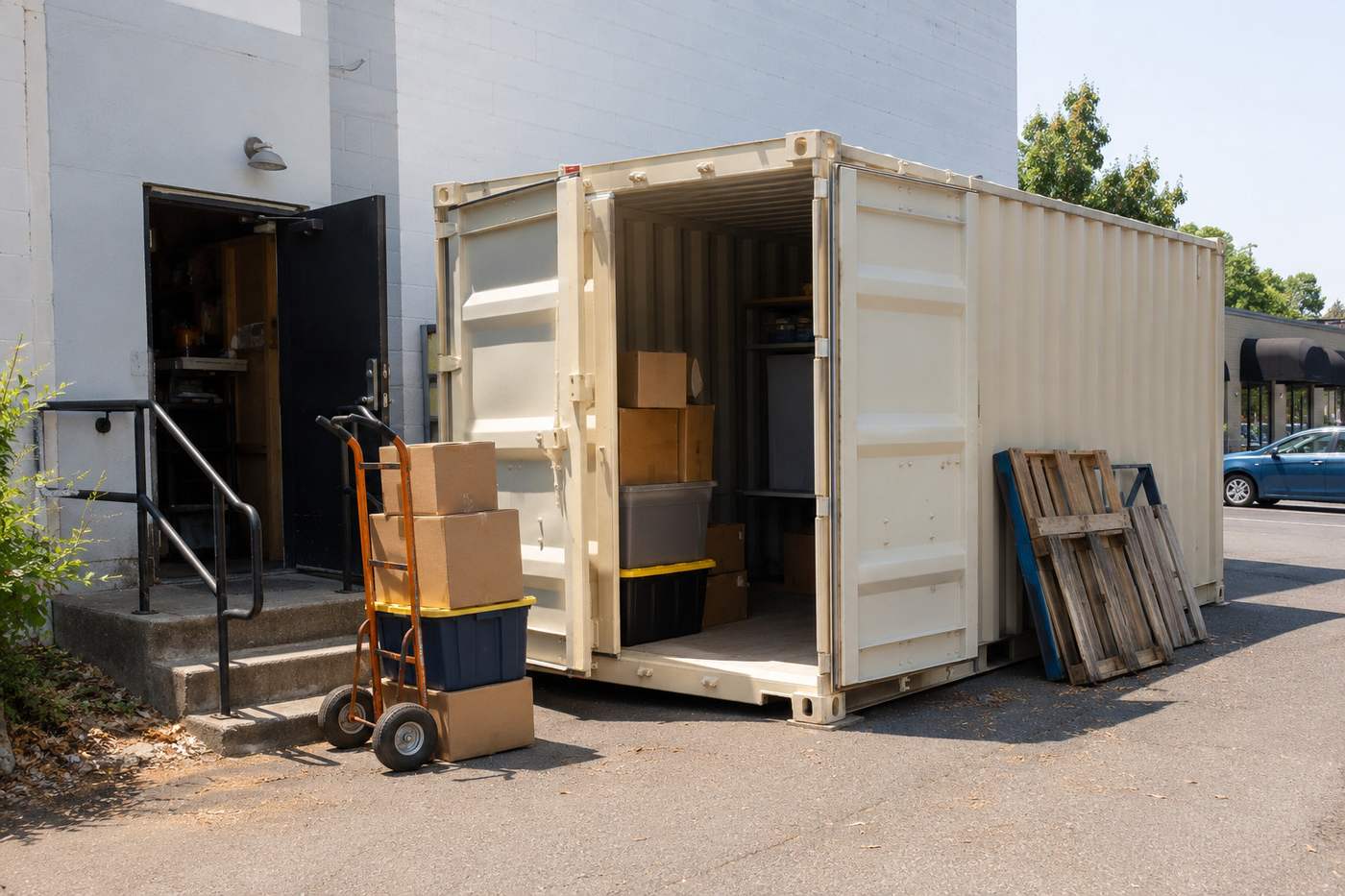 Storage container unit open on the Central Point lot with a hand truck of boxes at the door