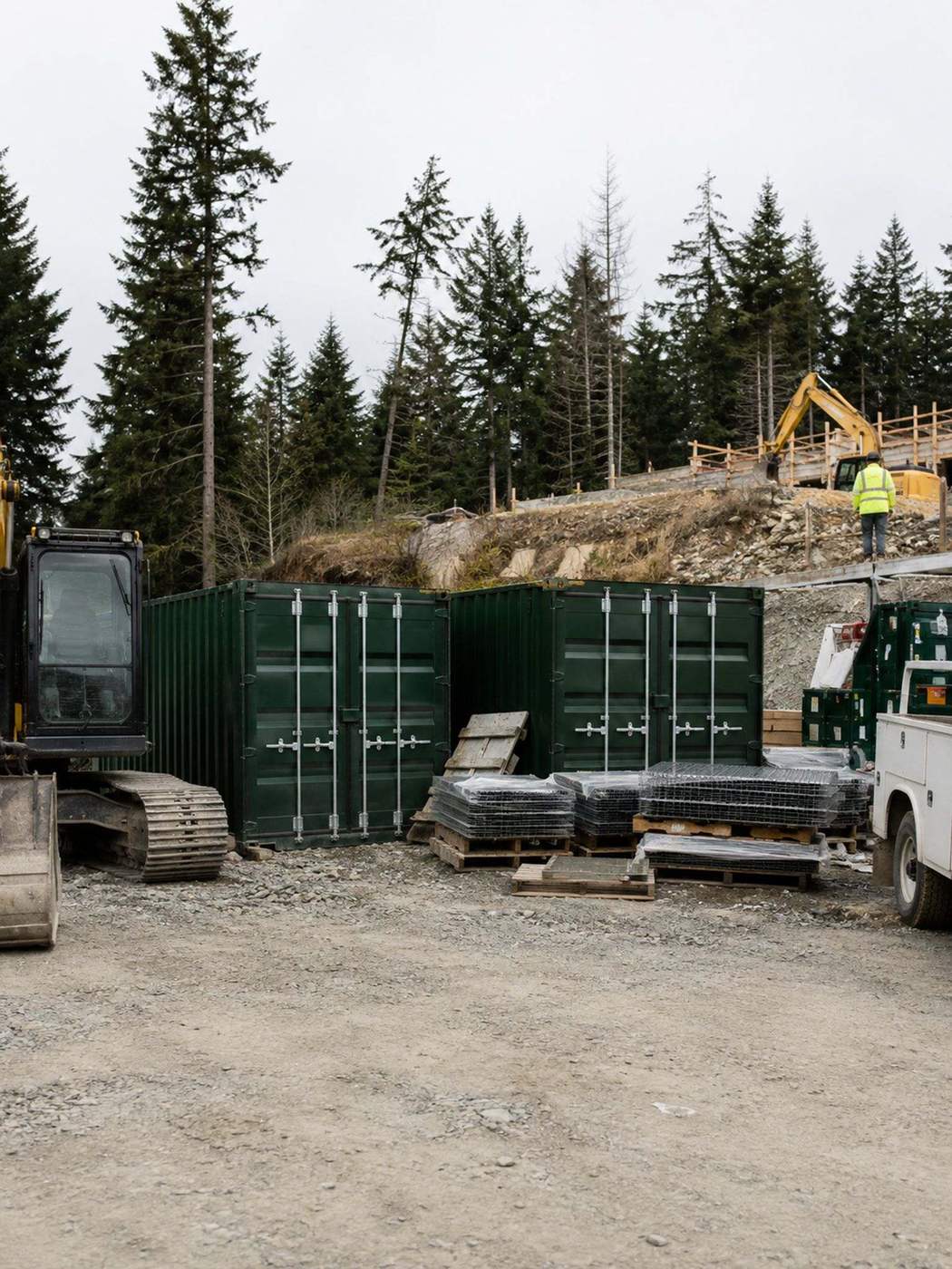 A fleet of leased storage containers staged at a commercial job site