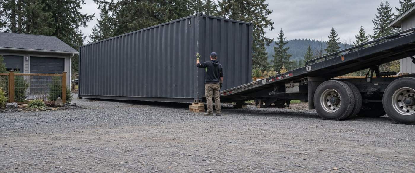 A crew member guiding a charcoal container off a tilt-bed trailer onto cribbing blocks in a residential driveway