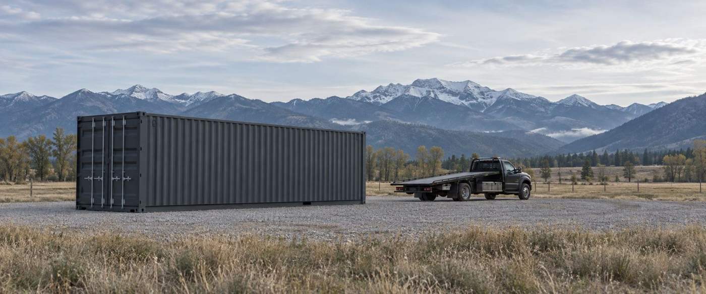 A 40-foot charcoal container set on a gravel pad in the Flathead Valley with a company flatbed alongside and snow-capped Montana peaks behind