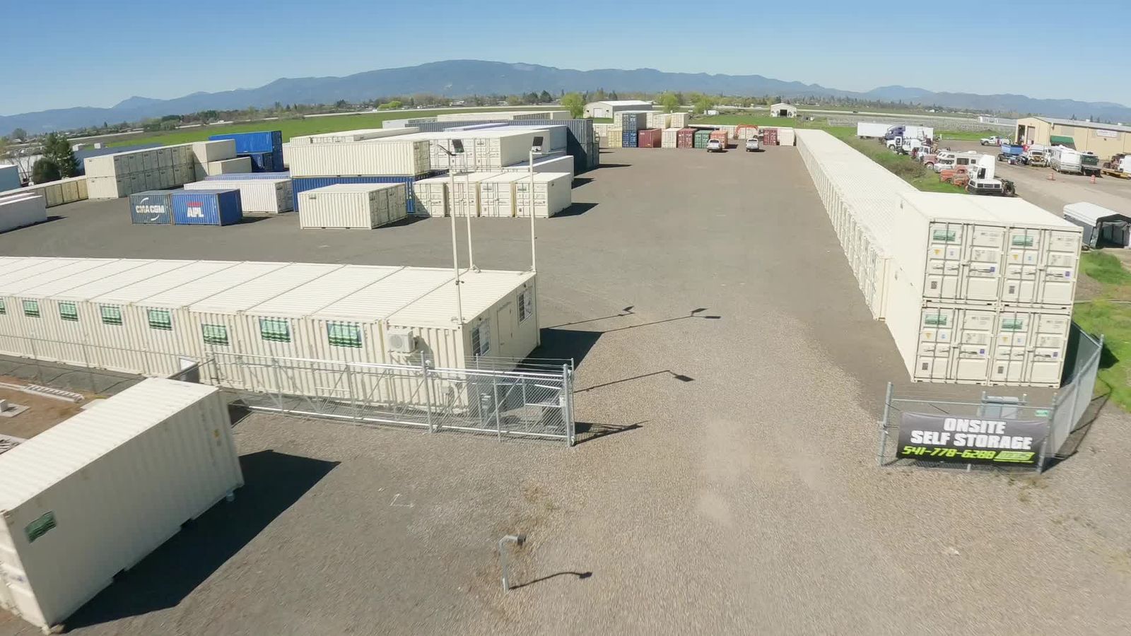 Aerial view of the secure on-site storage container yard in Medford