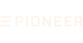 White uppercase text spelling 'PIONEER' on a black background with a horizontal white bar to the left of the text.