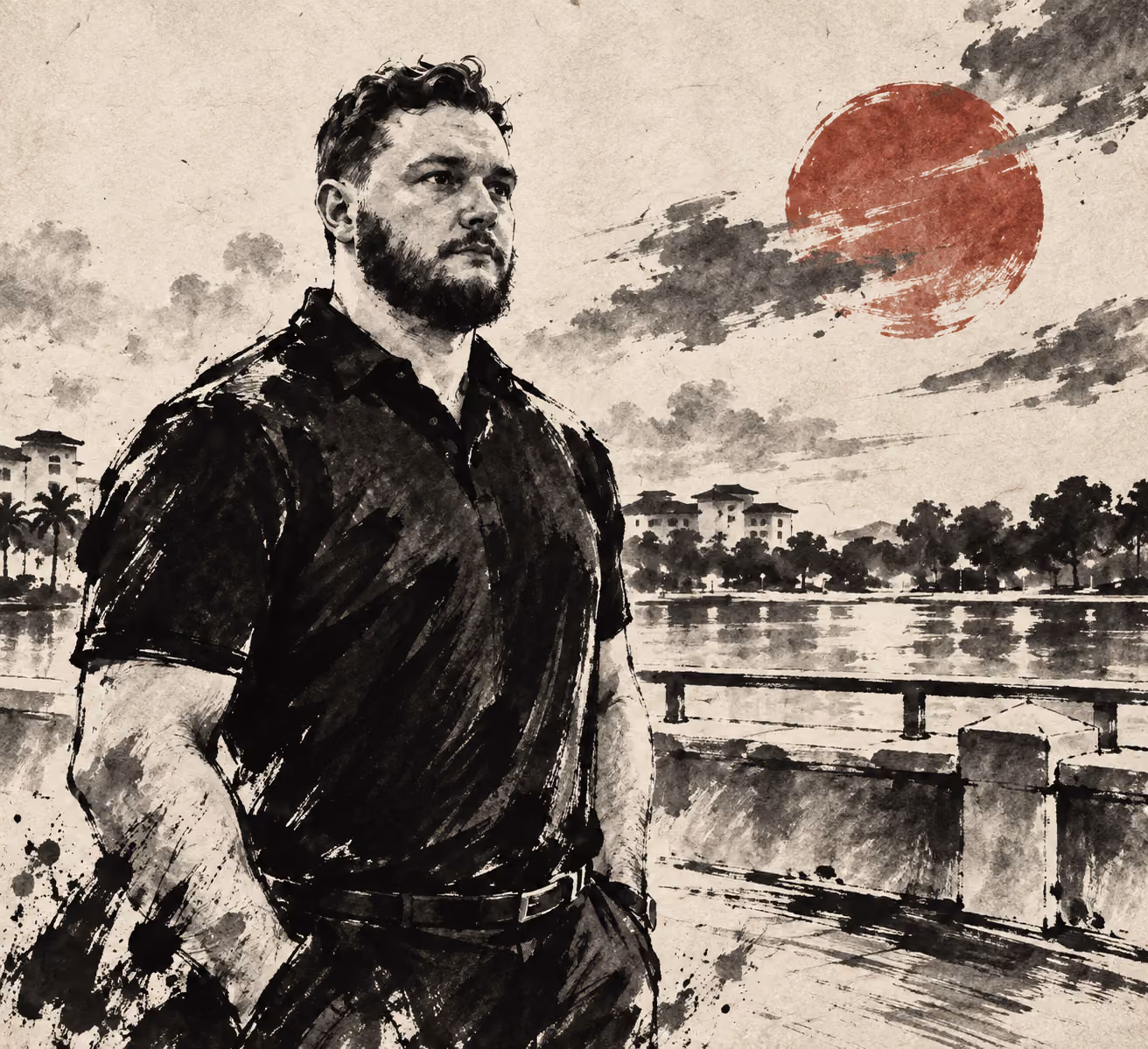 A Japanese style painting depicting a very tall, muscular, and handsome man known as James Redd.