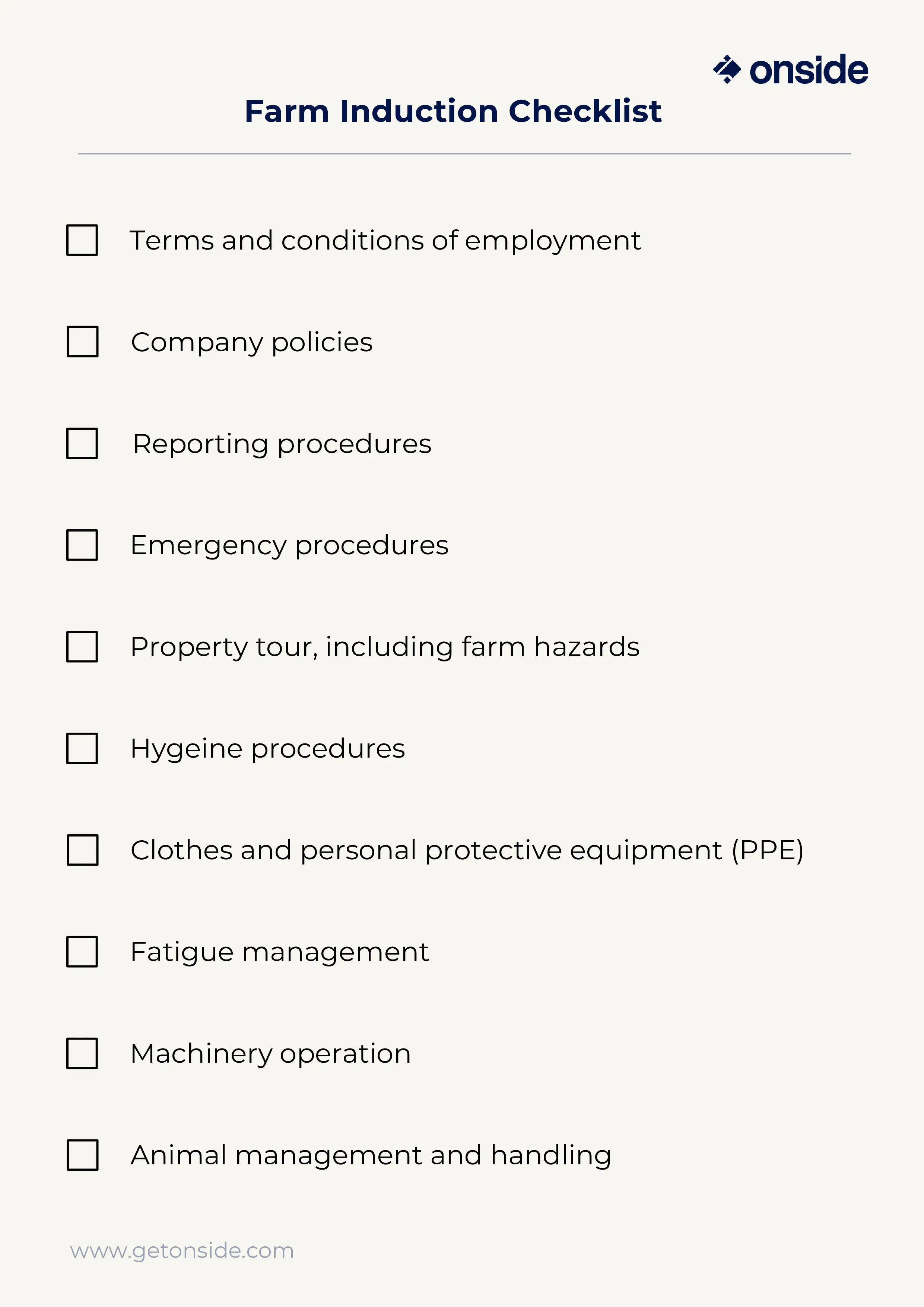 Farm induction checklist document