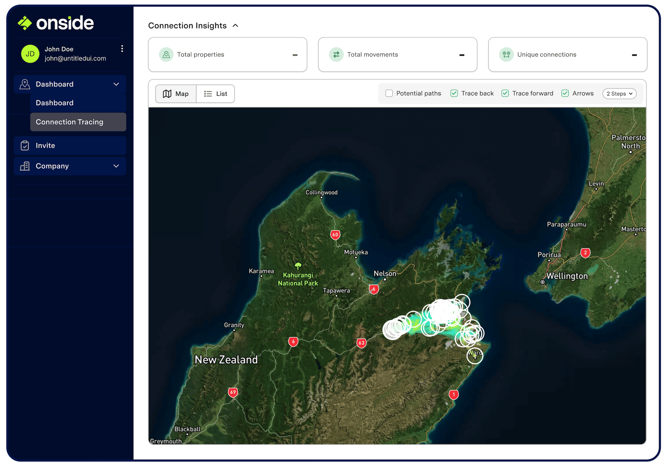 An Onside Intelligence dashboard depicting movement of plant and people across vineyards