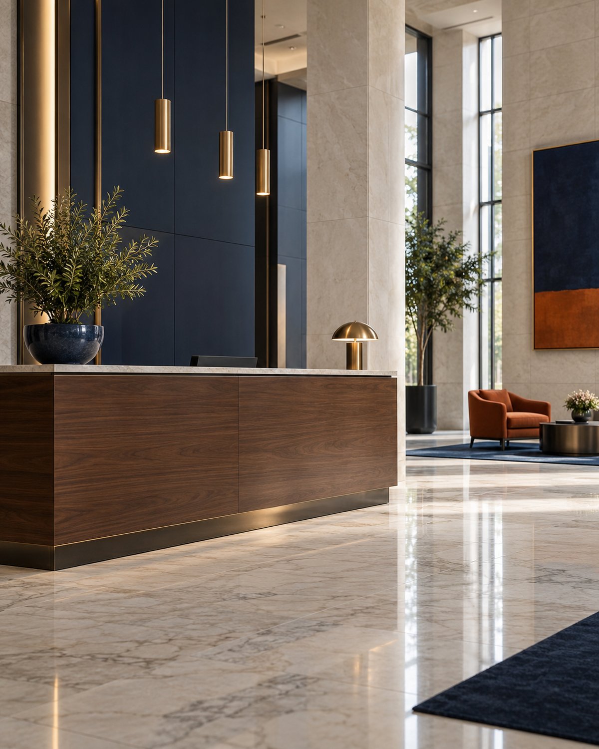An empty bank lobby with marble floors, tall columns, a walnut counter and warm pendant lights