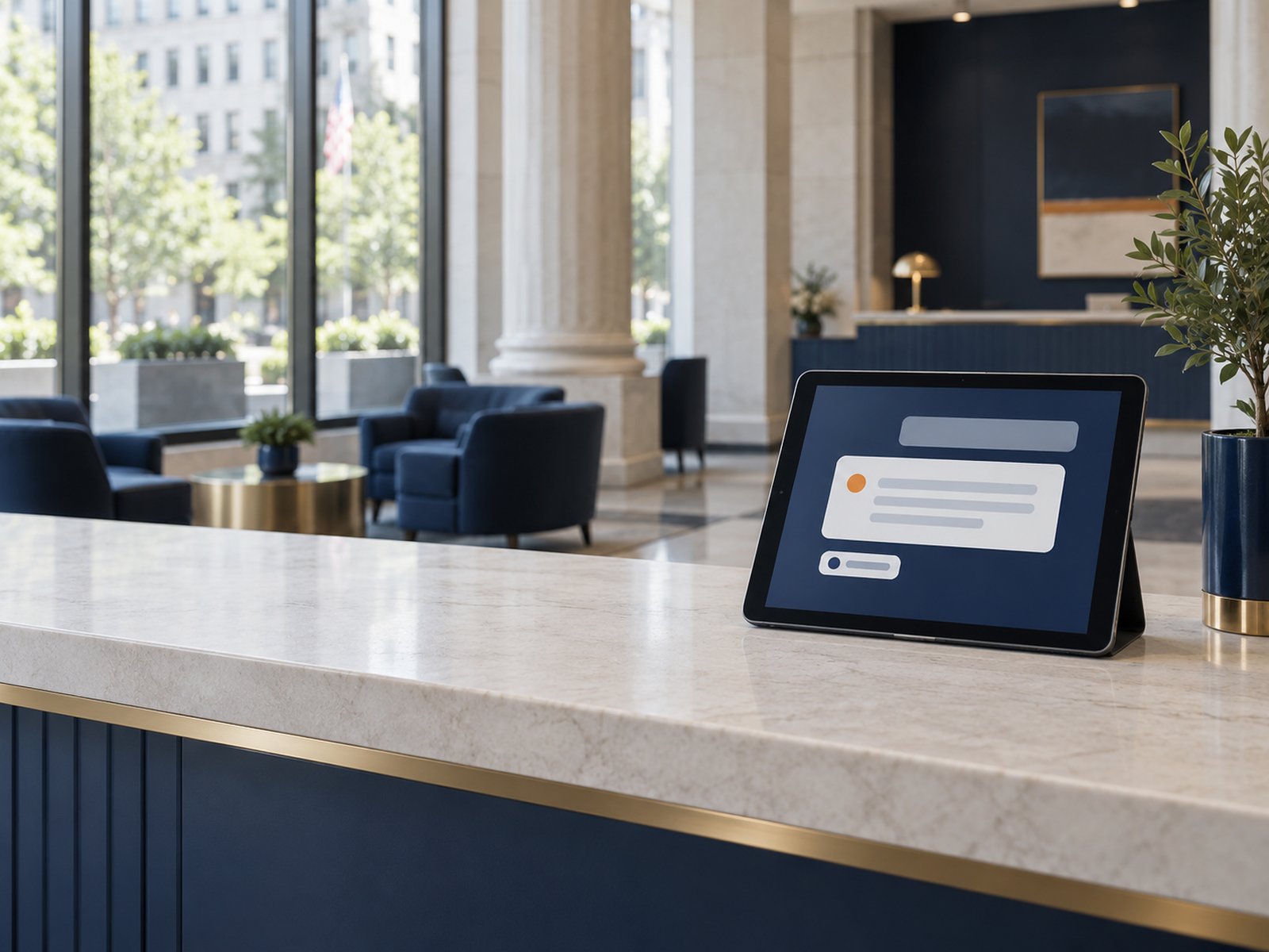 A tablet with abstract answer cards on a pale stone counter in an empty bank branch