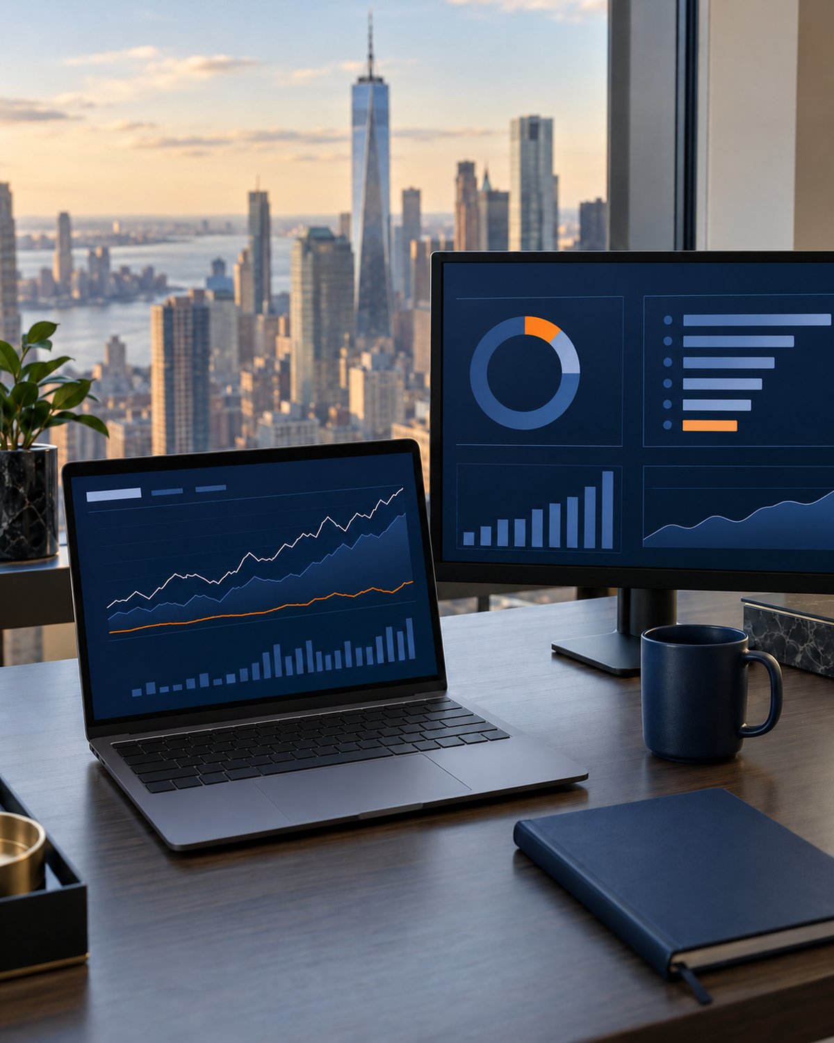 A laptop and monitor with unlabeled charts beside a navy mug overlooking the Manhattan skyline