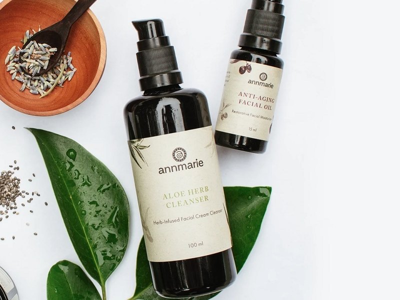 Annmarie Skin Care products with green leaves