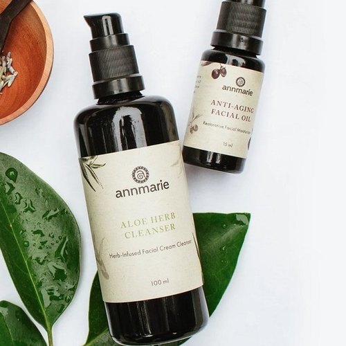 Annmarie Skin Care cleanser and facial oil with fresh leaves