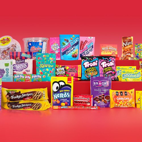A row of Ferrara candy brands on a red background
