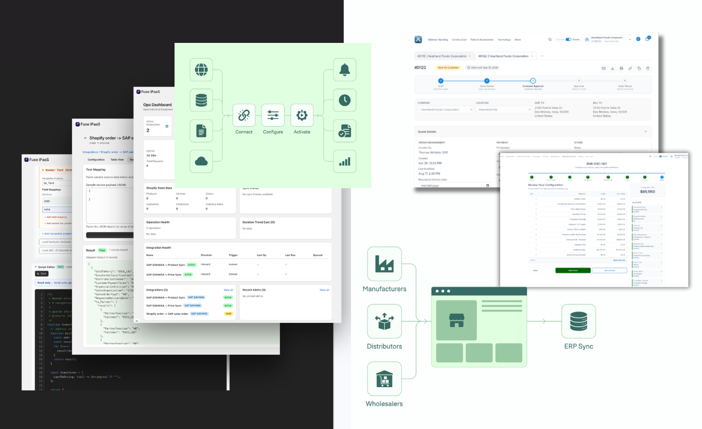Screens from Zaelab’s Fuse and PortulGo products. On the left, Fuse shows an integration dashboard, a field-mapping tool, and a code editor, next to a diagram that moves data from sources through Connect, Configure, and Activate steps. On the right, PortulGo shows a quote workflow screen and a product configuration screen, plus a diagram of manufacturers, distributors, and wholesalers buying through a Shopify storefront that syncs with an ERP.