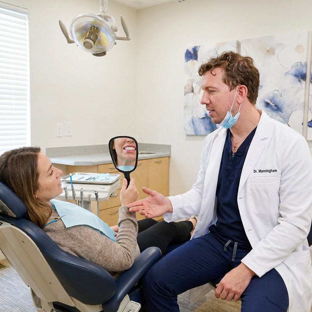 A dentist at Schaefer Dental Group in Brighton shows a patient their teeth in a hand mirror after a routine cleaning.