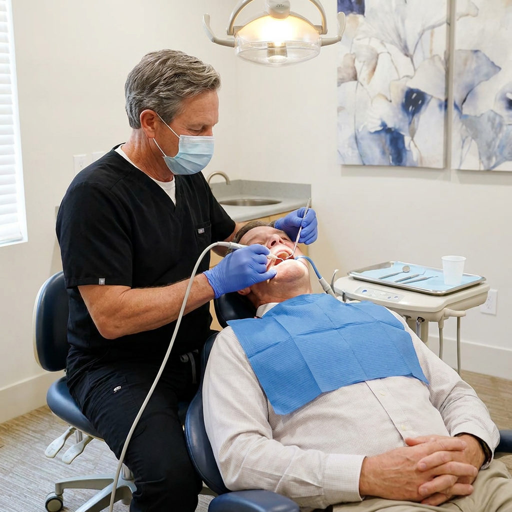 A dentist performs a dental cleaning at Schaefer Dental Group in Brighton, using a scaler on a patient.
