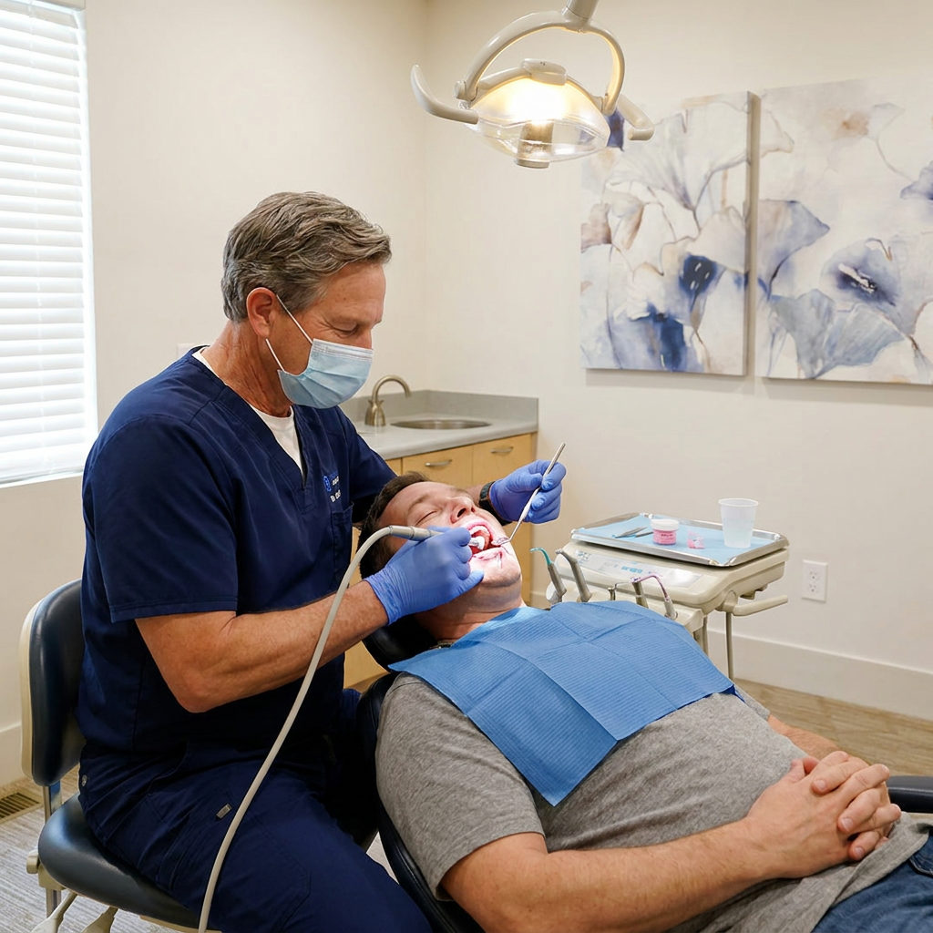 A Schaefer Dental Group dentist in Brighton uses a polishing tool on a relaxed patient during a professional cleaning.