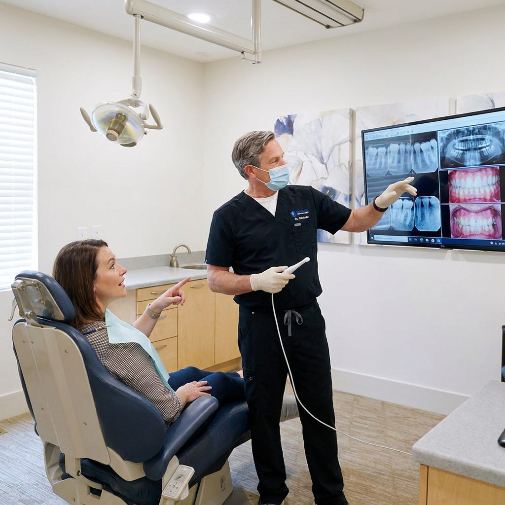 A Brighton dentist at Schaefer Dental Group reviews digital x-rays and intraoral photos on a monitor with an engaged patient.