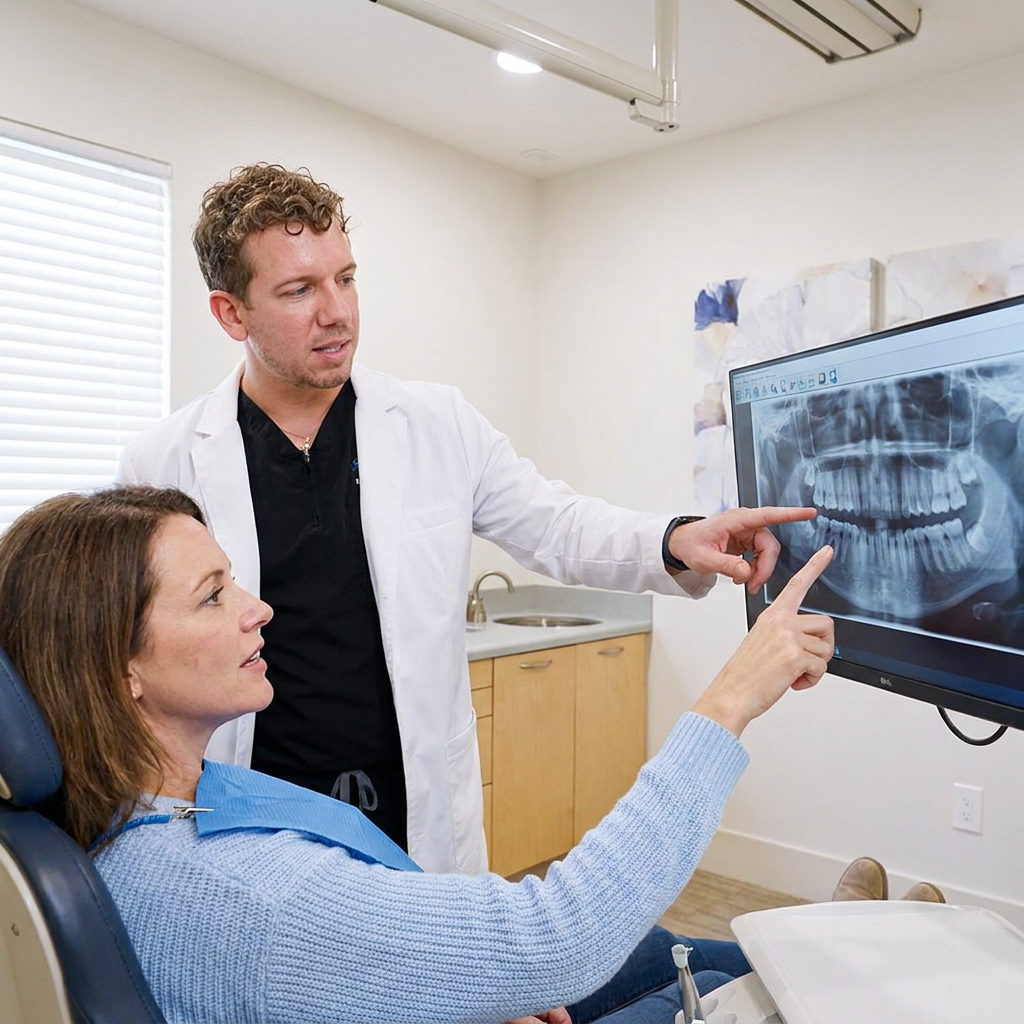 A dentist and patient review a digital panoramic X-ray on a monitor at Schaefer Dental Group in Brighton, MI.