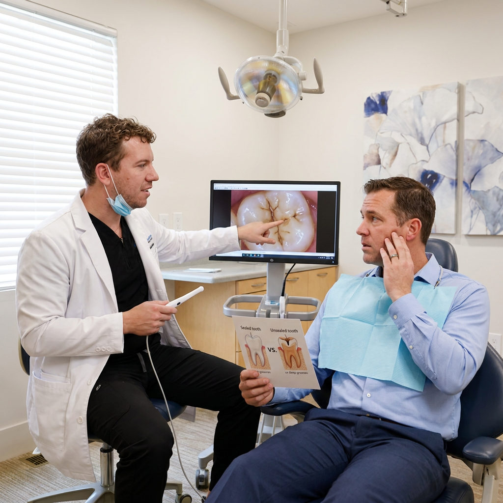 A Brighton dentist at Schaefer Dental Group points to a screen showing molar grooves to a patient during a sealant consult.
