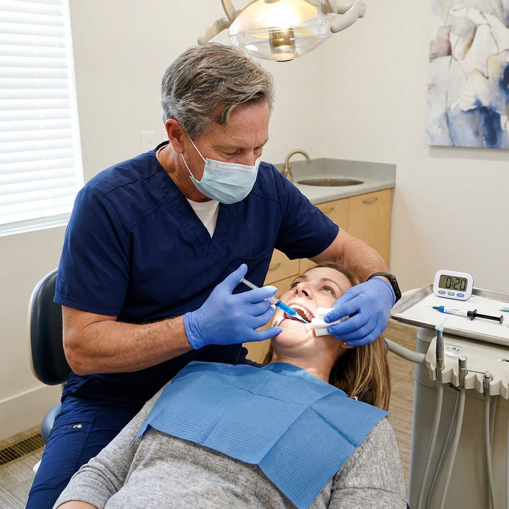 A Schaefer Dental Group dentist in Brighton, MI, applies blue etching gel to a patient's molar for sealant preparation.