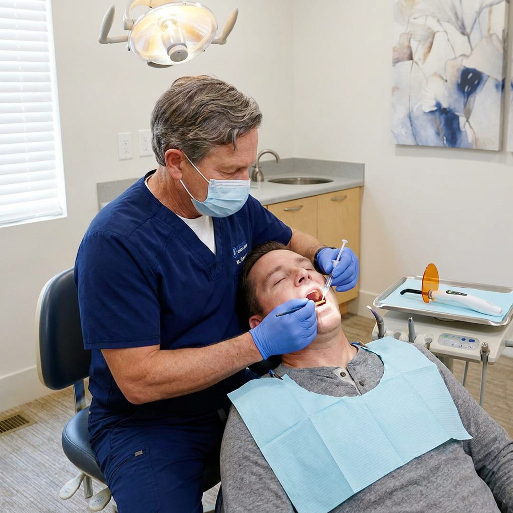 A Schaefer Dental Group dentist in Brighton applies liquid sealant to an adult patient molar to protect tooth grooves.