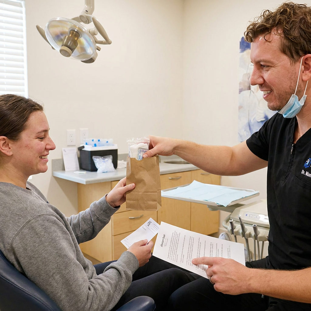 A Brighton dentist hands an aftercare bag and instructions to a patient at Schaefer Dental Group after emergency treatment.