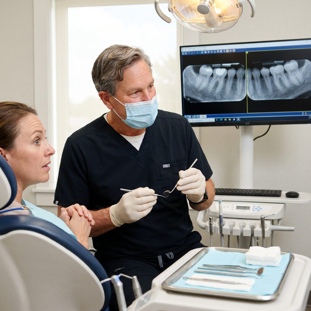 A dentist in navy scrubs provides emergency care to a patient at Schaefer Dental Group in Brighton, Michigan.