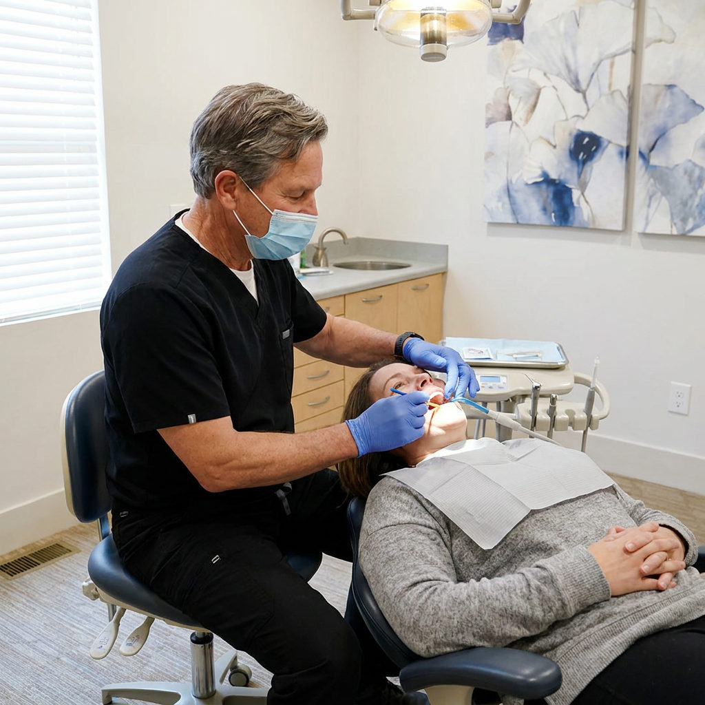 A Schaefer Dental Group dentist in Brighton, MI, uses a brush to apply a protective fluoride varnish to a patient's teeth.