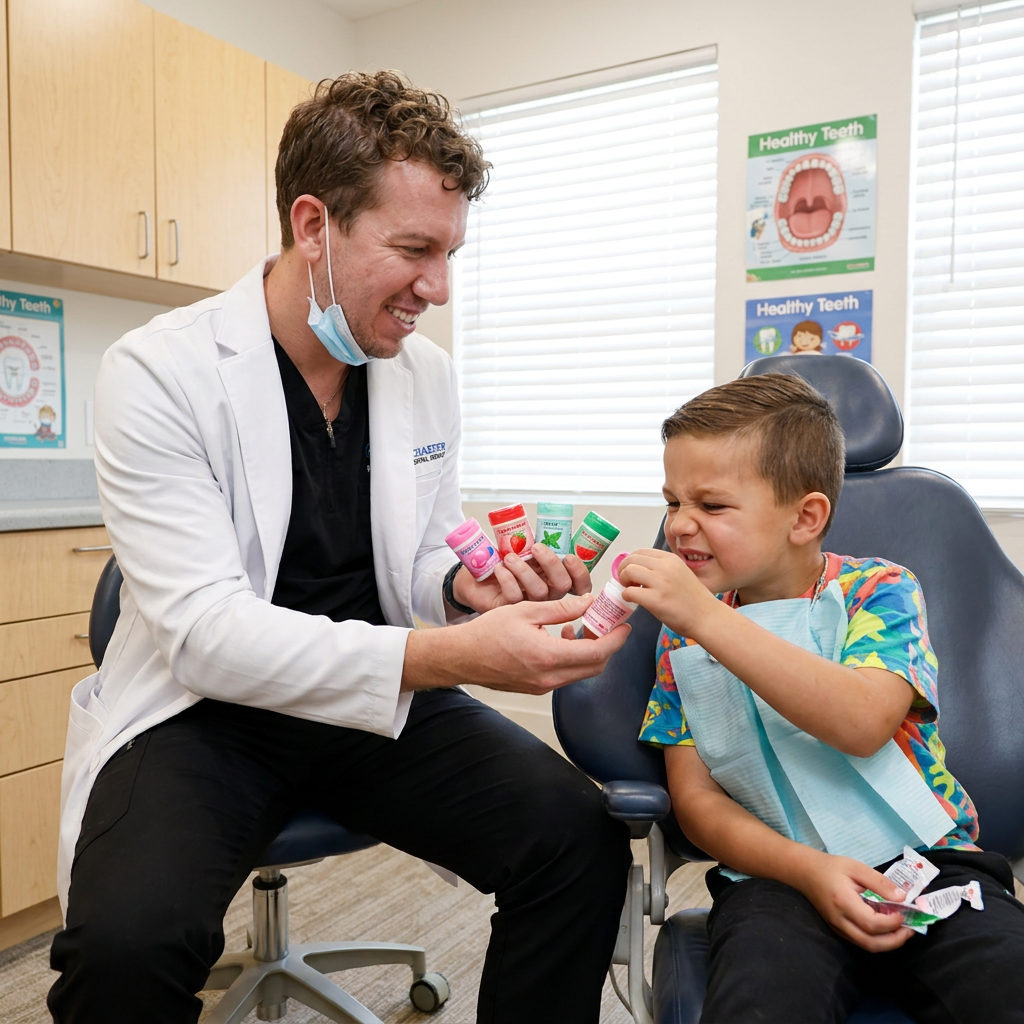 A Schaefer Dental Group dentist in Brighton shows a child various fluoride flavor samples during a pediatric visit.