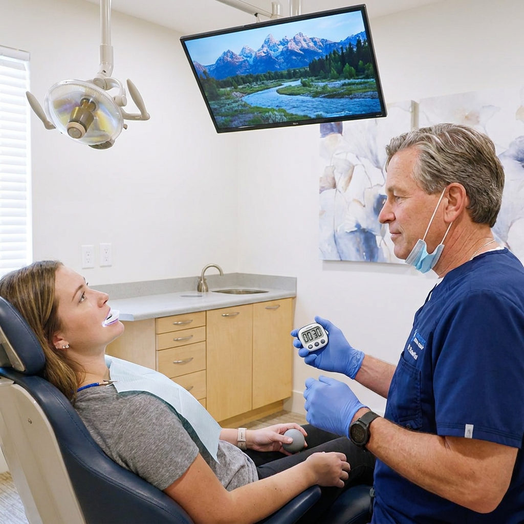 A Brighton dentist at Schaefer Dental Group monitors a patient during a fluoride tray treatment with a ceiling screen.