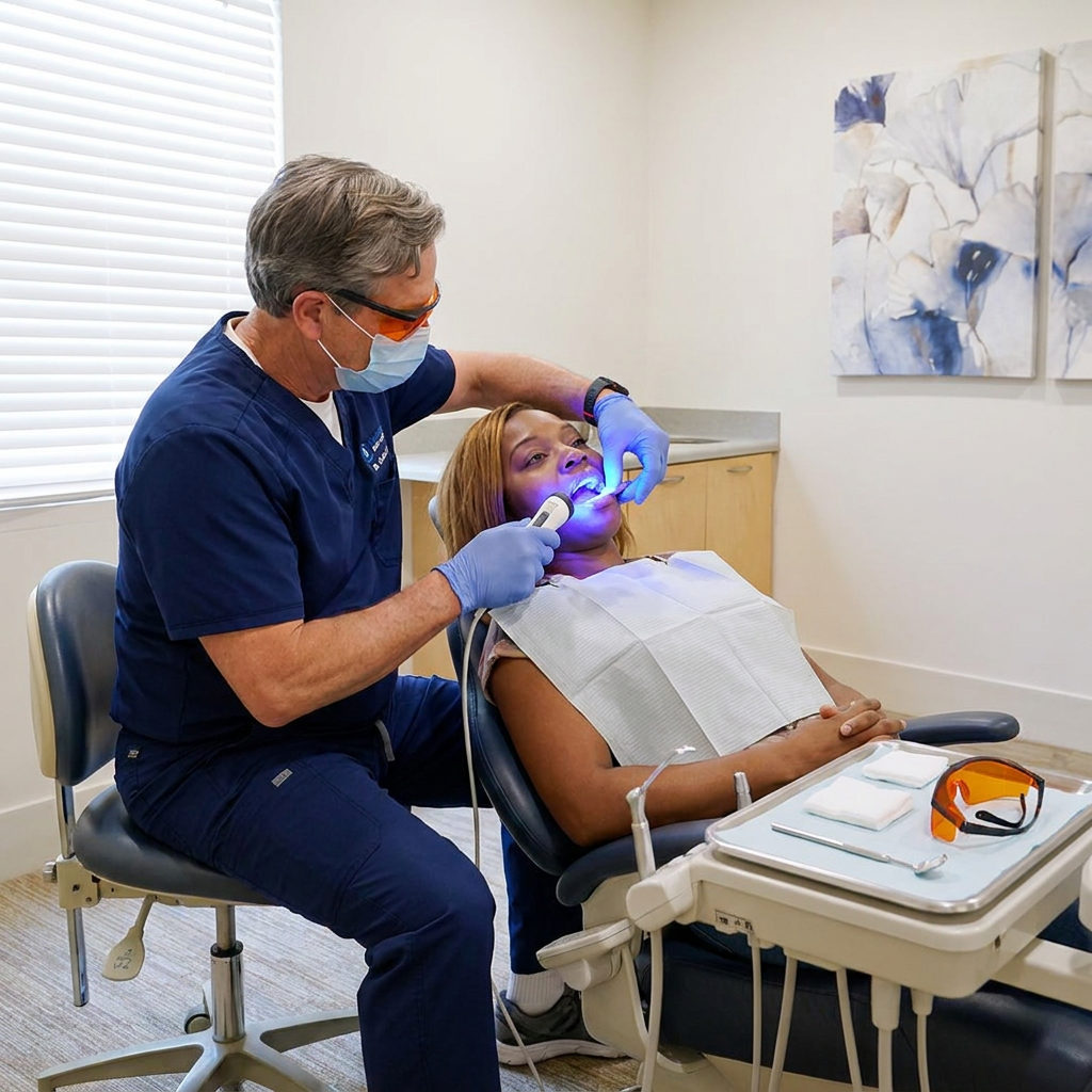 A dentist at Schaefer Dental Group in Brighton uses a blue light screening tool to examine a patient for oral cancer.
