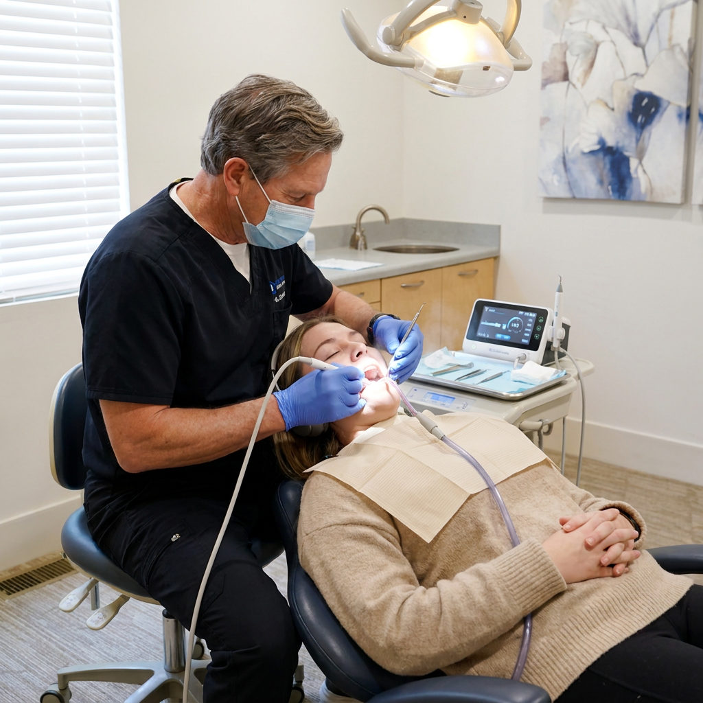 A dentist at Schaefer Dental Group in Brighton performs a deep cleaning on a patient using an ultrasonic scaler.