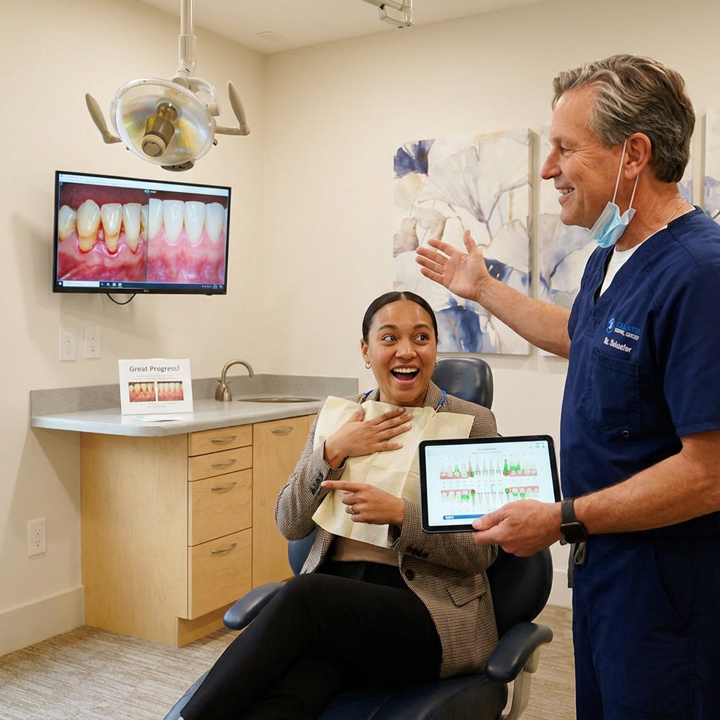 A Brighton dentist at Schaefer Dental Group shows a patient healthy gum results on a monitor during a periodontal review.