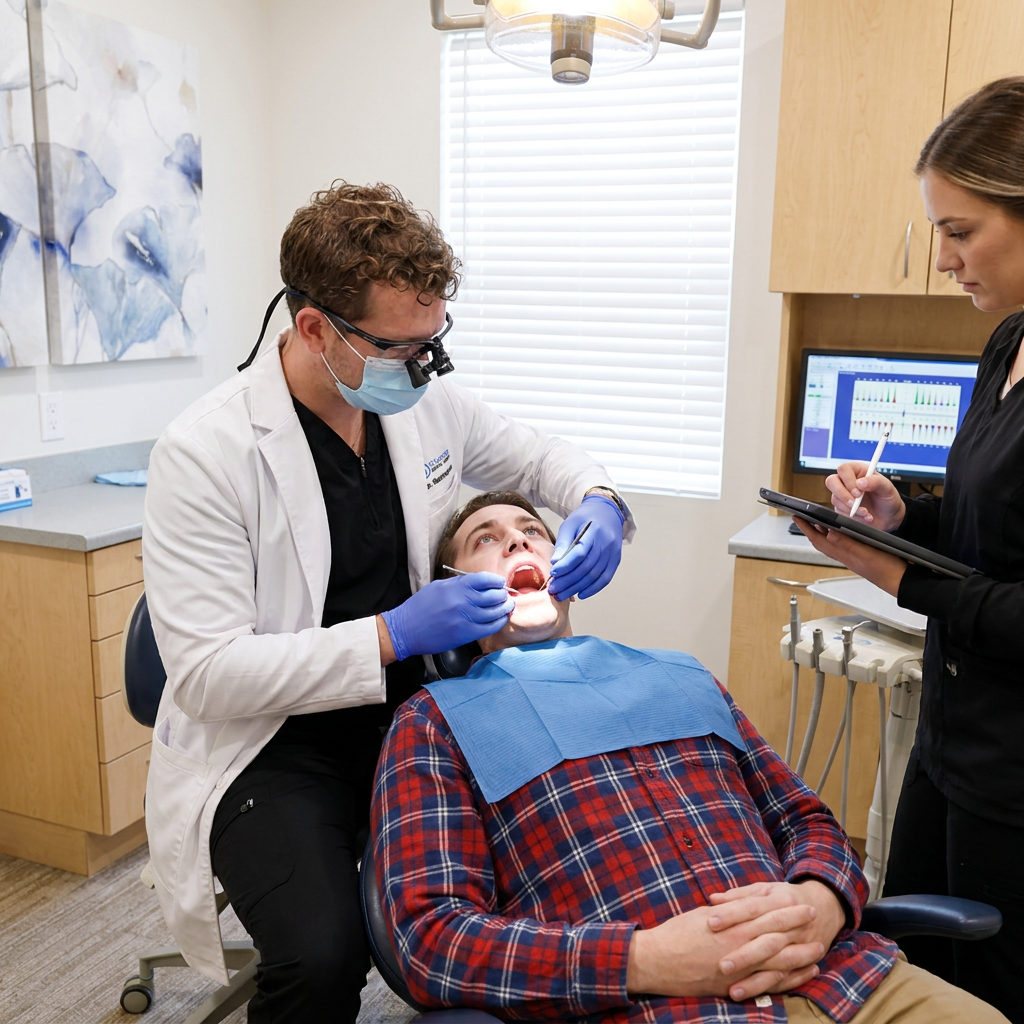 A Brighton dentist performs a periodontal exam at Schaefer Dental Group while an assistant records measurements on a tablet.