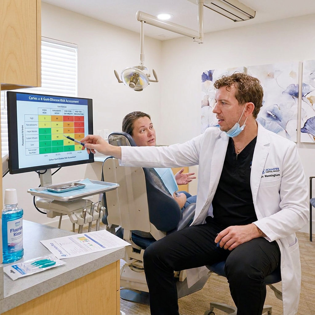 A Brighton dentist at Schaefer Dental Group reviews a digital oral health risk assessment on a monitor with a seated patient.