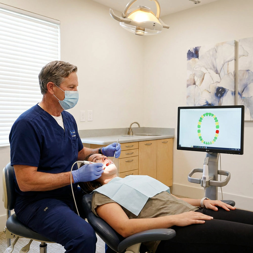 A dentist at Schaefer Dental Group in Brighton uses a laser cavity detector while the patient views a color coded tooth chart