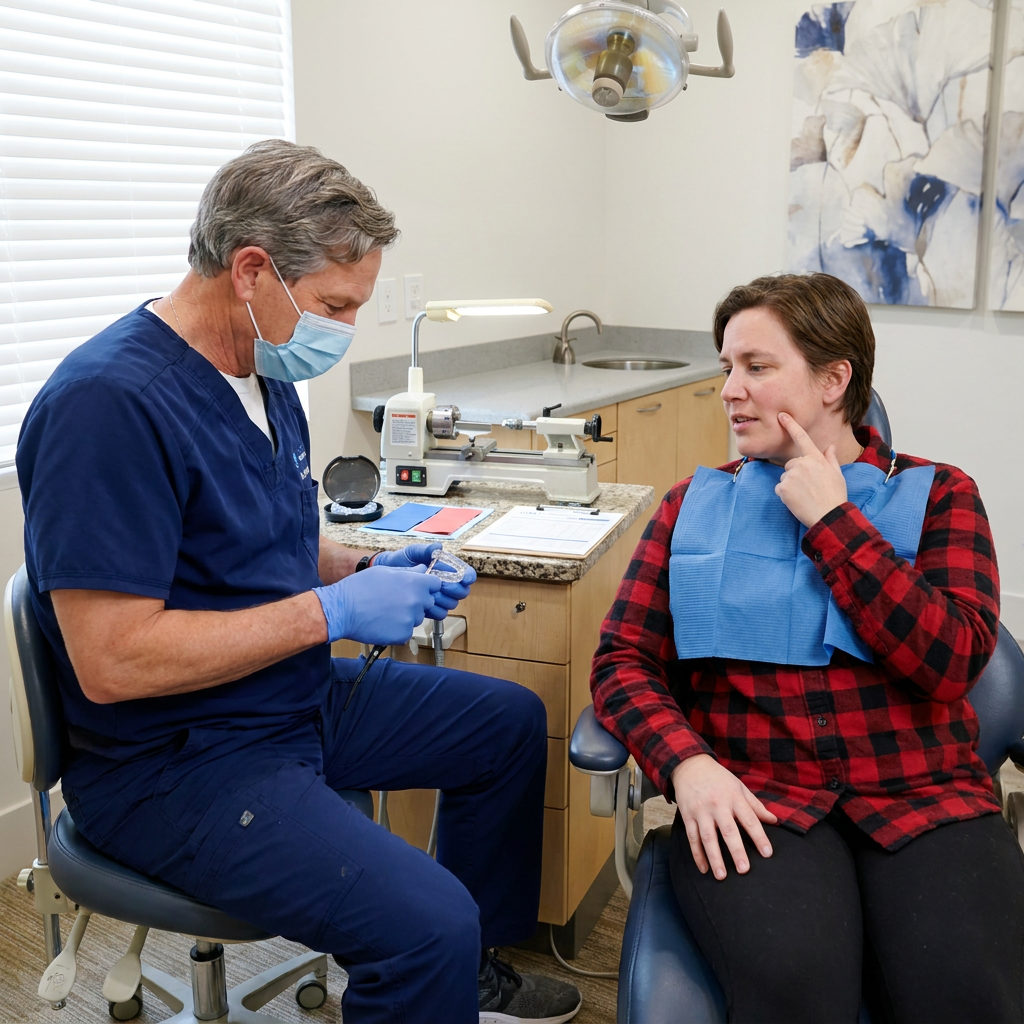 A Schaefer Dental Group dentist in Brighton adjusts an occlusal splint as a patient points to their jaw during TMJ care.