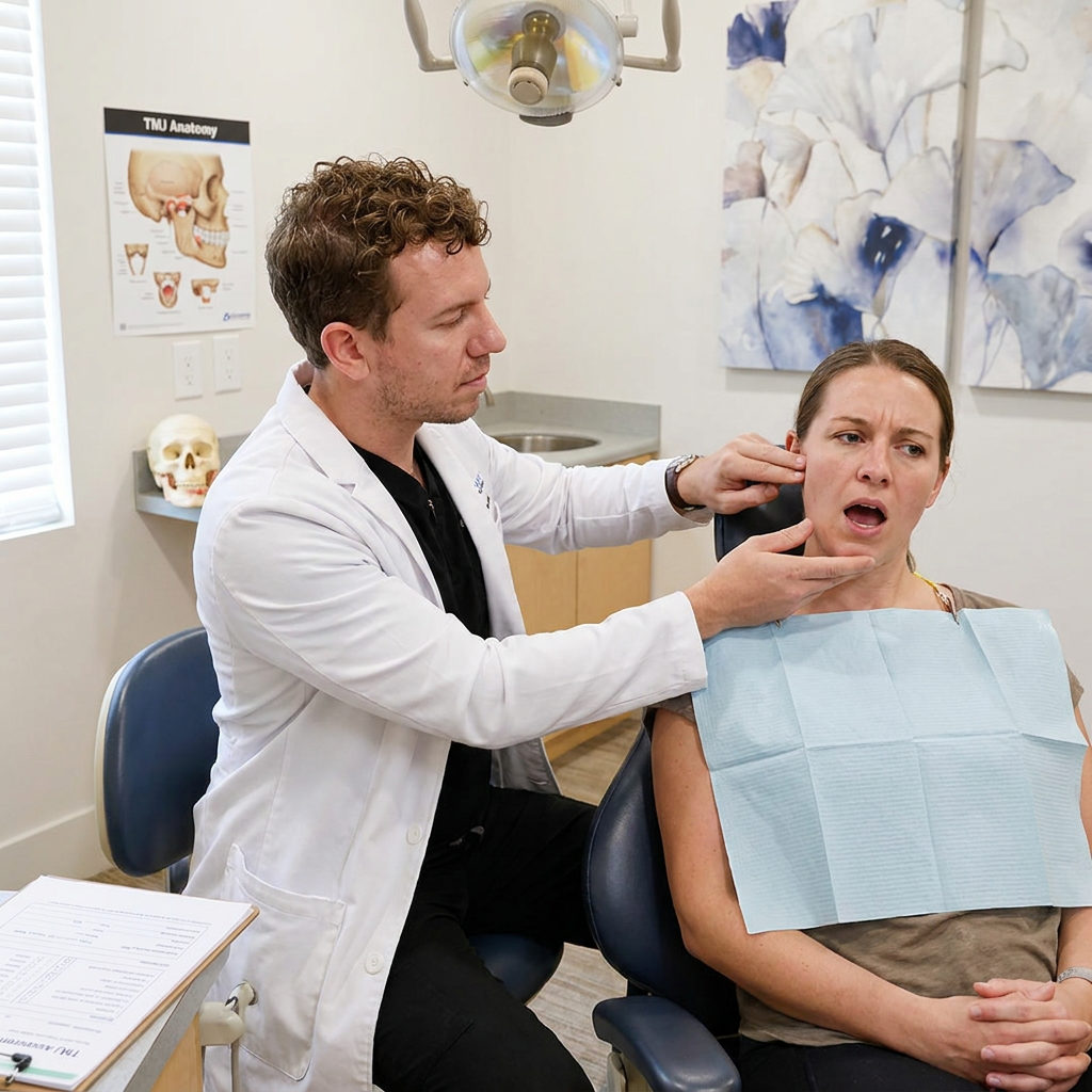 A dentist at Schaefer Dental Group in Brighton, MI palpates a patient's jaw to evaluate TMJ function during a consultation.