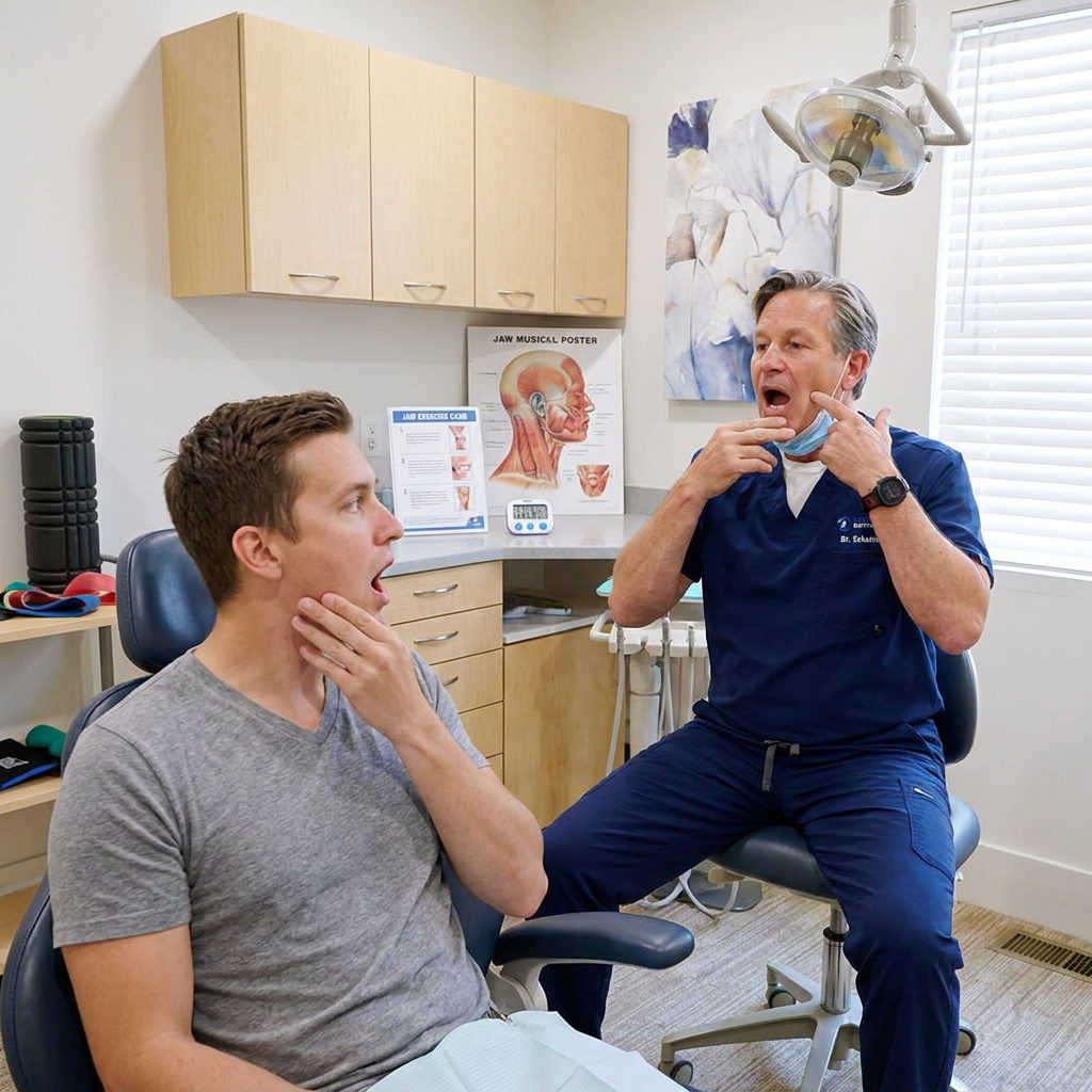 A dentist at Schaefer Dental Group in Brighton guides a patient through therapeutic jaw exercises in a clinical setting.