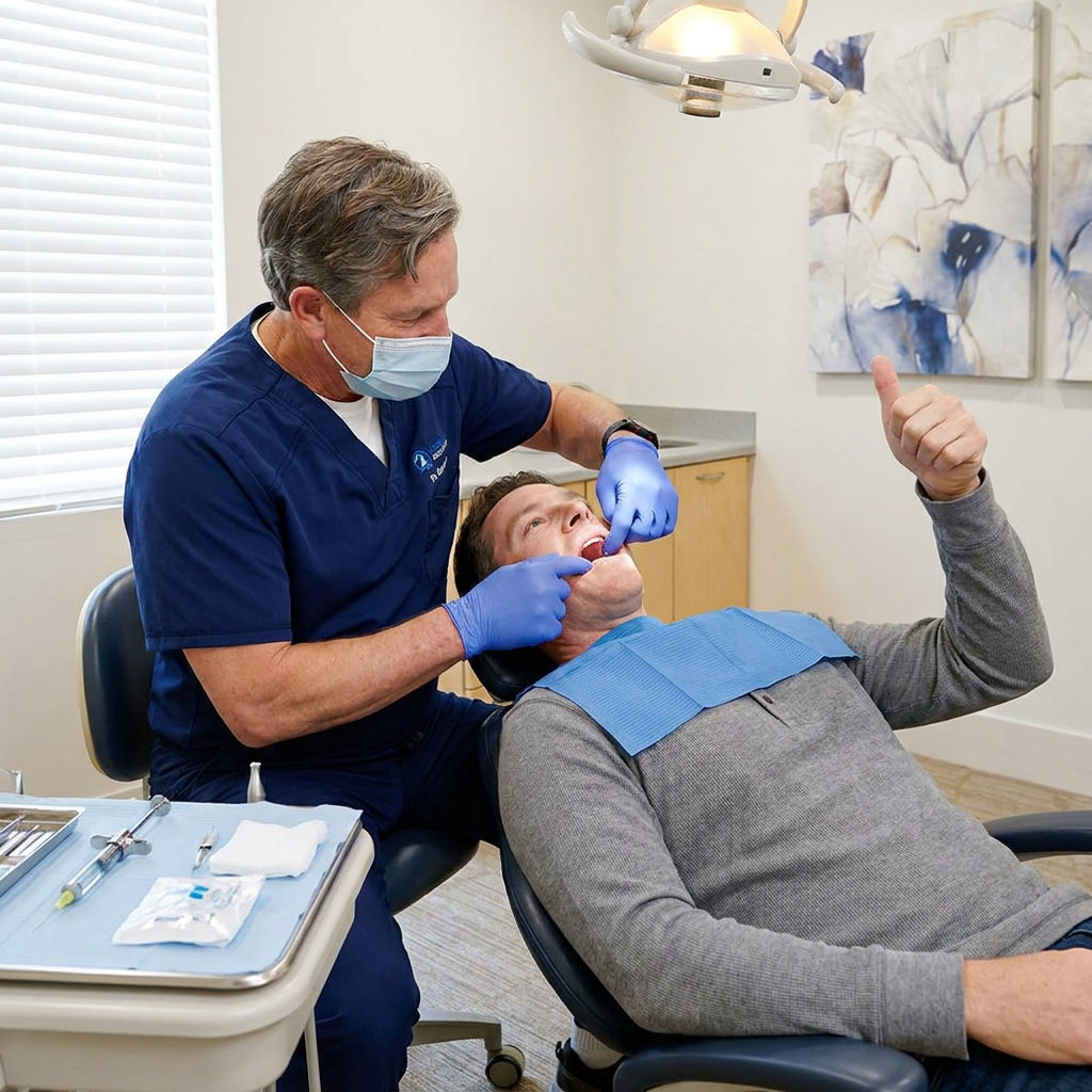 A dentist at Schaefer Dental Group in Brighton checks numbness as a reclined patient gives a thumbs up before an extraction.